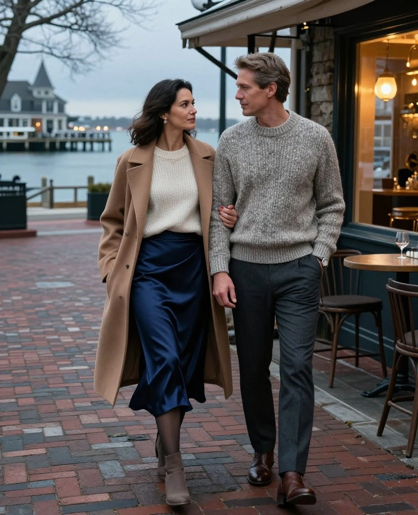 14 Newport Date-Night Outfits for November That Bring Instant Coastal Romance to Your Weekend 8 What to Wear in Newport Rhode Island in November 14 Newport Date-Night Outfits for November That Bring Instant Coastal Romance to Your Weekend - 2. Satin Midi Dresses with Fisherman Sweaters 1