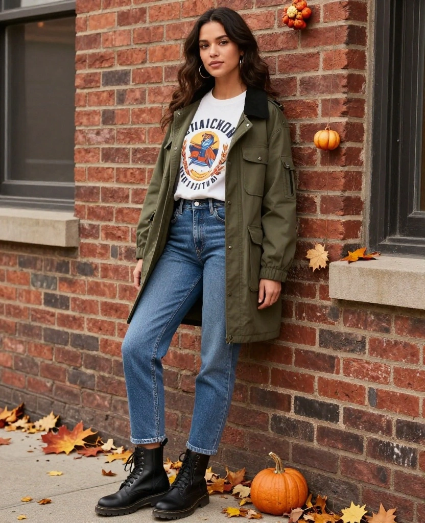 14 Stylish Outfits for November in Cincinnati That Will Keep You Warm and Fabulous! 36 What to Wear in Cincinnati in November 14 Stylish Outfits for November in Cincinnati That Will Keep You Warm and Fabulous! - 6. Utility Jacket with a Graphic Tee 1