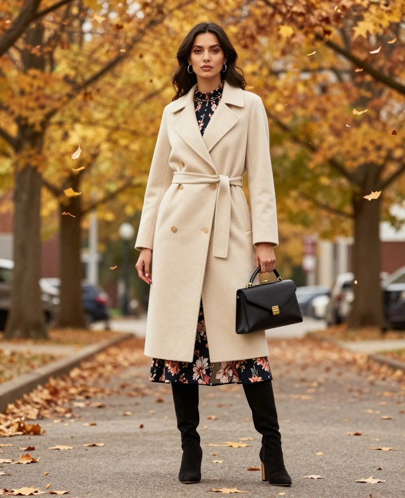 14 Stylish Outfits for November in Cincinnati That Will Keep You Warm and Fabulous! 45 What to Wear in Cincinnati in November 14 Stylish Outfits for November in Cincinnati That Will Keep You Warm and Fabulous! - 7. Elegant Wrap Coat with a Midi Dress 1