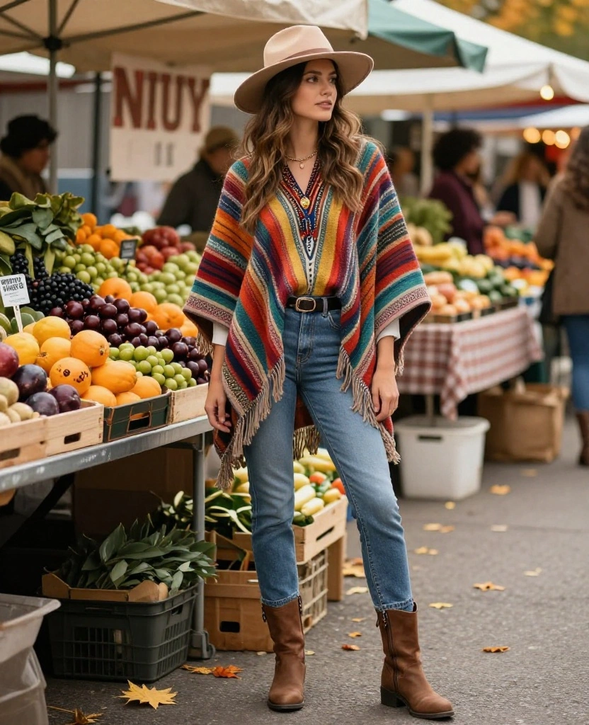14 Stylish Outfits for November in Cincinnati That Will Keep You Warm and Fabulous! 59 What to Wear in Cincinnati in November 14 Stylish Outfits for November in Cincinnati That Will Keep You Warm and Fabulous! - 9. Colorful Poncho with Fitted Jeans 1