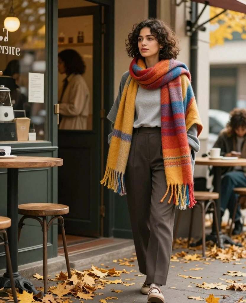 15 Cozy and Comfortable Outfits for November in St. Louis (Perfect for Every Occasion!) 66 what to wear in St. Louis in November 15 Cozy and Comfortable Outfits for November in St. Louis (Perfect for Every Occasion!) - 10. Oversized Scarf with Basic Tee and Trousers 1
