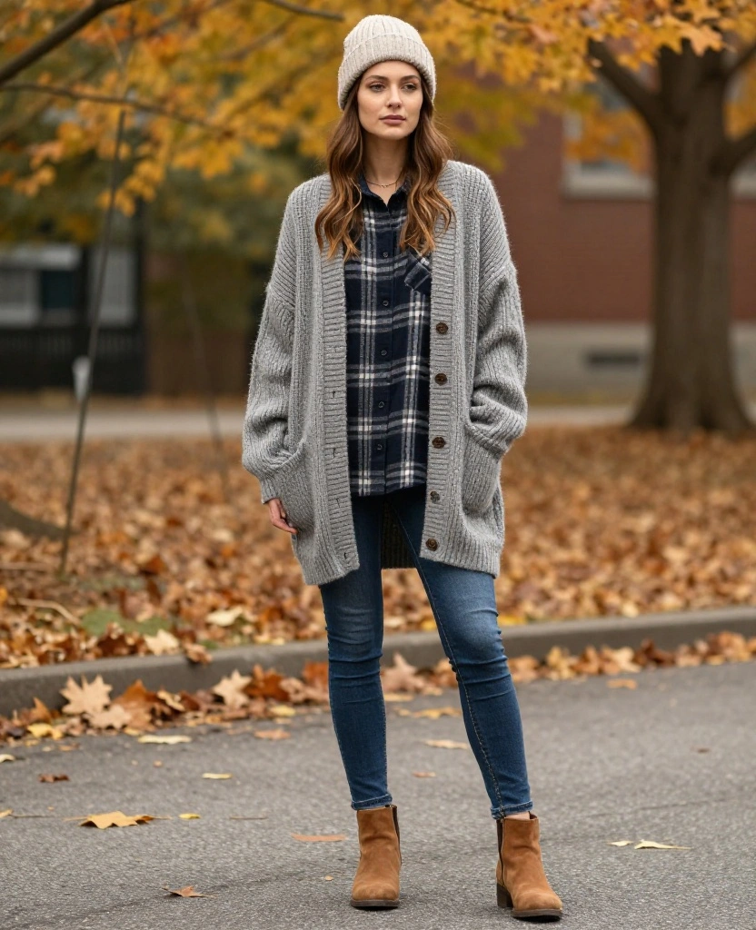 15 Layering Outfits for Detroit in November That Are Both Stylish and Warm! 29 what to wear in Detroit in November 15 Layering Outfits for Detroit in November That Are Both Stylish and Warm! - 5. Cardigan with Flannel Shirt 1