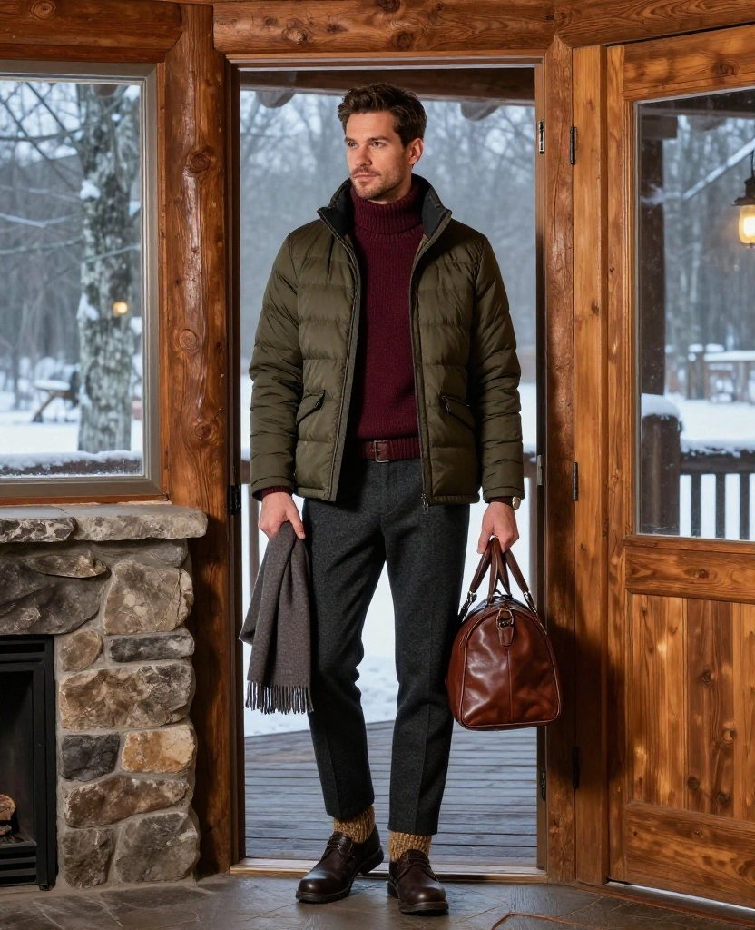 What Men Should Wear in Lake Placid in November: 13 Warm Outfits That Still Look Sharp! 56 what to wear in Lake Placid in November What Men Should Wear in Lake Placid in November: 13 Warm Outfits That Still Look Sharp! - 12. The Lodge Evening Look with a Mock-Neck Sweater 1