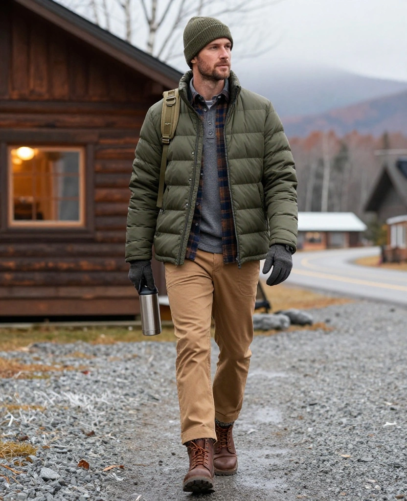 What Men Should Wear in Lake Placid in November: 13 Warm Outfits That Still Look Sharp! 2 what to wear in Lake Placid in November What Men Should Wear in Lake Placid in November: 13 Warm Outfits That Still Look Sharp! - 2. The Quilted Puffer with a Flannel and Chore Pants 1