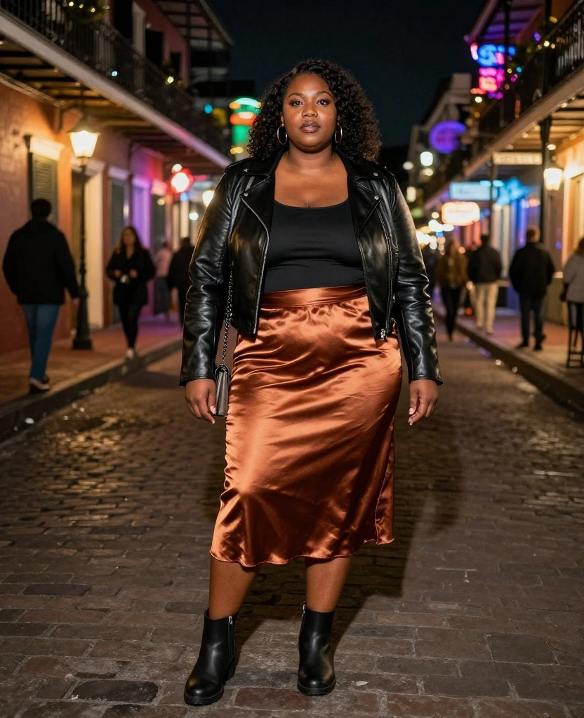 What to Wear for New Orleans Nightlife: 12 December Outfits for Dinner, Jazz Bars, and Bourbon Street 27 What to Wear in New Orleans in December What to Wear for New Orleans Nightlife: 12 December Outfits for Dinner, Jazz Bars, and Bourbon Street - 5. Leather Jacket, Satin Skirt, and Boots for Bourbon Street 1