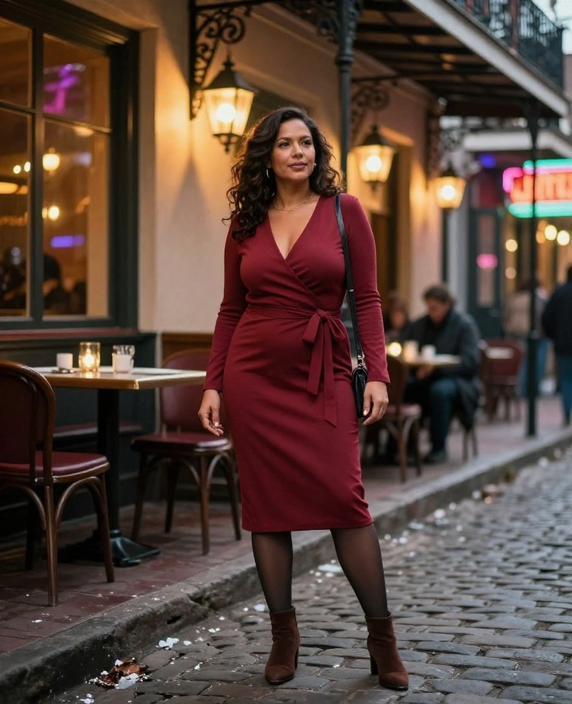What to Wear for New Orleans Nightlife: 12 December Outfits for Dinner, Jazz Bars, and Bourbon Street 34 What to Wear in New Orleans in December What to Wear for New Orleans Nightlife: 12 December Outfits for Dinner, Jazz Bars, and Bourbon Street - 6. The Wrap Dress with Tights for a Flattering Dinner Look 1