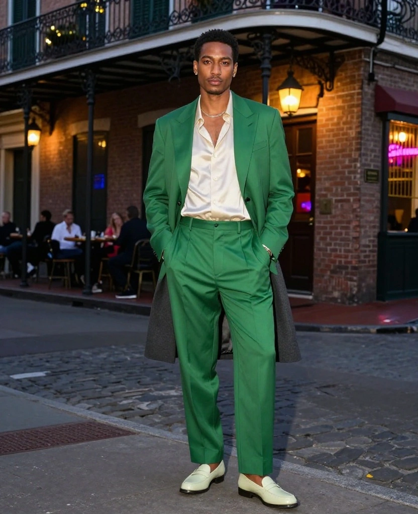 What to Wear for New Orleans Nightlife: 12 December Outfits for Dinner, Jazz Bars, and Bourbon Street 43 What to Wear in New Orleans in December What to Wear for New Orleans Nightlife: 12 December Outfits for Dinner, Jazz Bars, and Bourbon Street - 7. Gender-Fluid Tailoring with a Silk Shirt and Loafers 1