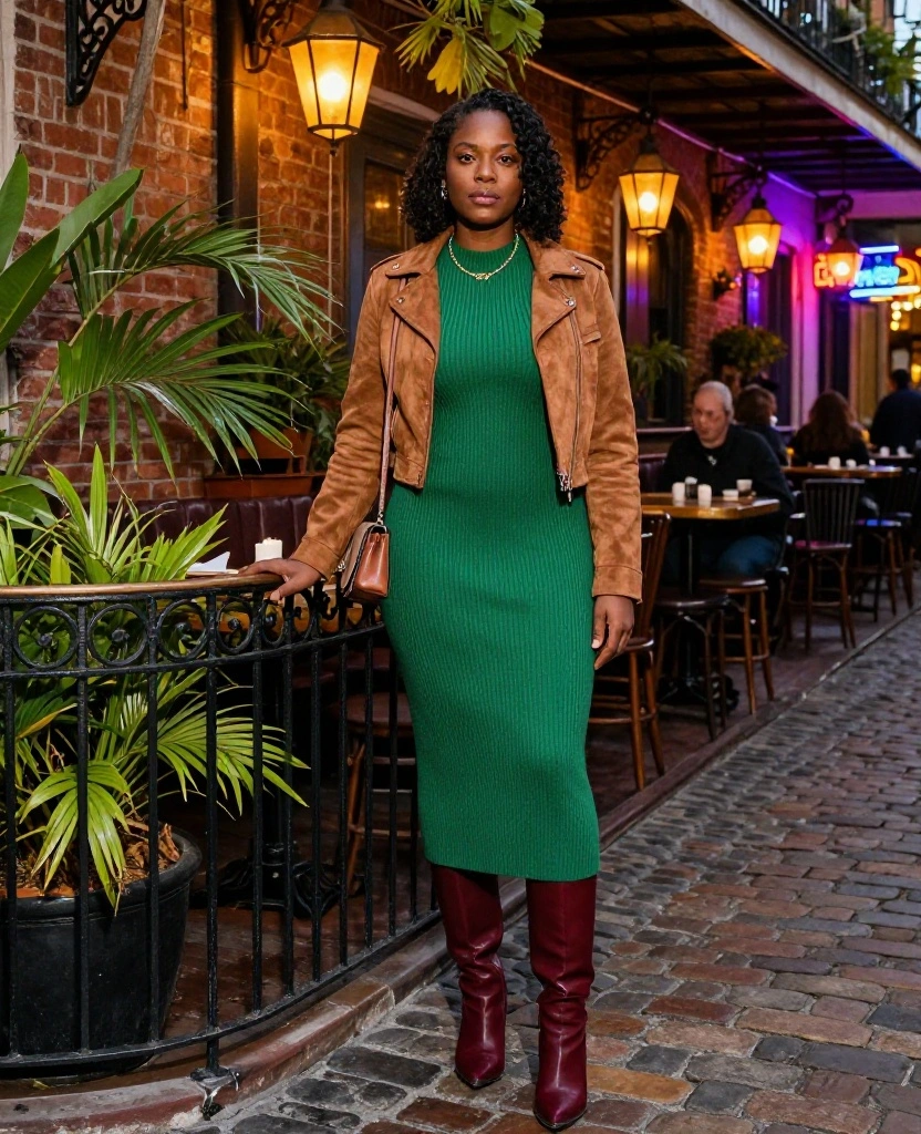 What to Wear for New Orleans Nightlife: 12 December Outfits for Dinner, Jazz Bars, and Bourbon Street 50 What to Wear in New Orleans in December What to Wear for New Orleans Nightlife: 12 December Outfits for Dinner, Jazz Bars, and Bourbon Street - 8. Knit Midi Dress with Tall Boots for a Courtyard Bar 1
