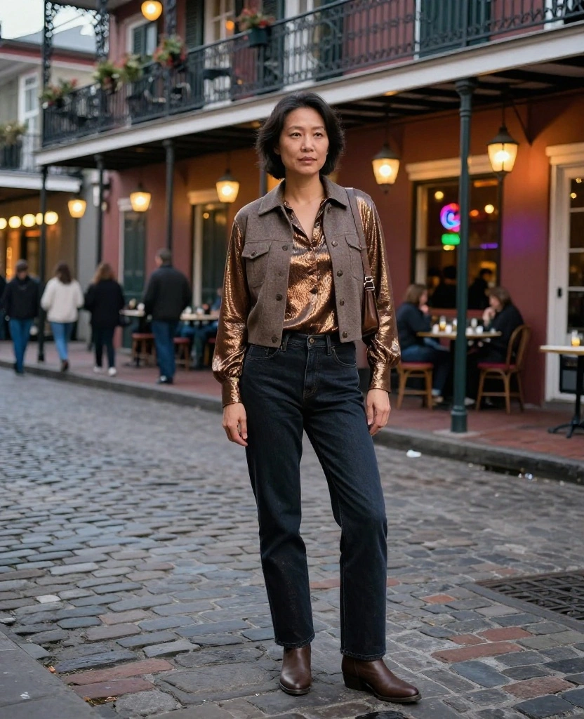 What to Wear for New Orleans Nightlife: 12 December Outfits for Dinner, Jazz Bars, and Bourbon Street 57 What to Wear in New Orleans in December What to Wear for New Orleans Nightlife: 12 December Outfits for Dinner, Jazz Bars, and Bourbon Street - 9. Dark Jeans with a Metallic Blouse for a Relaxed Night Out 1