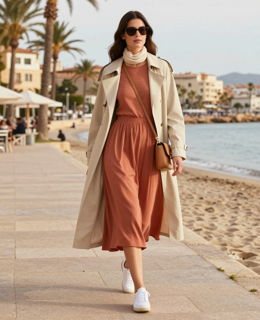 What to Wear in Alicante in November: 15 Chic Outfit Ideas for Sunny Days and Cool Evenings 66 What to Wear in Alicante in November What to Wear in Alicante in November: 15 Chic Outfit Ideas for Sunny Days and Cool Evenings - 10. The Light Trench over a Midi Dress 1