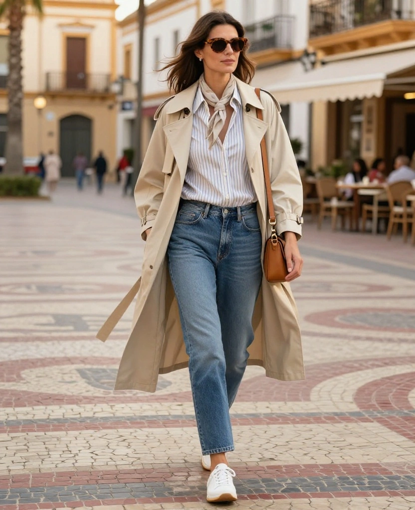 What to Wear in Alicante in November: 15 Chic Outfit Ideas for Sunny Days and Cool Evenings 8 What to Wear in Alicante in November What to Wear in Alicante in November: 15 Chic Outfit Ideas for Sunny Days and Cool Evenings - 2. Striped Shirt, Jeans, and a Light Trench 1