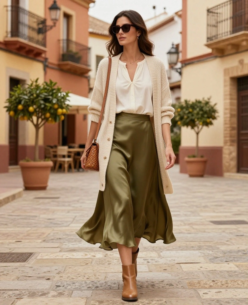 What to Wear in Alicante in November: 15 Chic Outfit Ideas for Sunny Days and Cool Evenings 15 What to Wear in Alicante in November What to Wear in Alicante in November: 15 Chic Outfit Ideas for Sunny Days and Cool Evenings - 3. The Midi Skirt with a Soft Cardigan 1