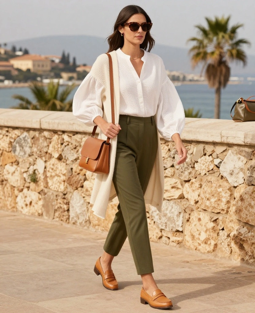 What to Wear in Alicante in November: 15 Chic Outfit Ideas for Sunny Days and Cool Evenings 29 What to Wear in Alicante in November What to Wear in Alicante in November: 15 Chic Outfit Ideas for Sunny Days and Cool Evenings - 5. White Blouse, Olive Trousers, and Walking Loafers 1