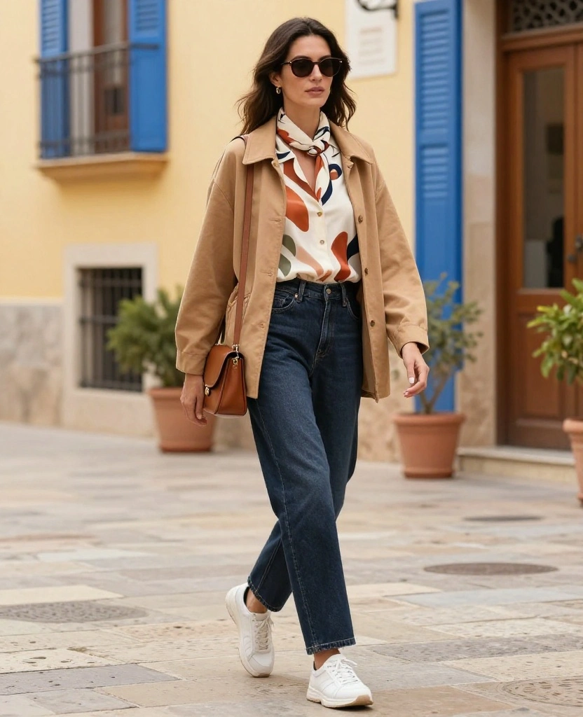 What to Wear in Alicante in November: 15 Chic Outfit Ideas for Sunny Days and Cool Evenings 52 What to Wear in Alicante in November What to Wear in Alicante in November: 15 Chic Outfit Ideas for Sunny Days and Cool Evenings - 8. A Printed Blouse with Dark Denim 1