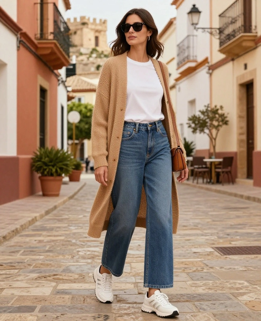 What to Wear in Alicante in November: 15 Chic Outfit Ideas for Sunny Days and Cool Evenings 59 What to Wear in Alicante in November What to Wear in Alicante in November: 15 Chic Outfit Ideas for Sunny Days and Cool Evenings - 9. Camel Cardigan, White Tee, and Wide-Leg Jeans 1