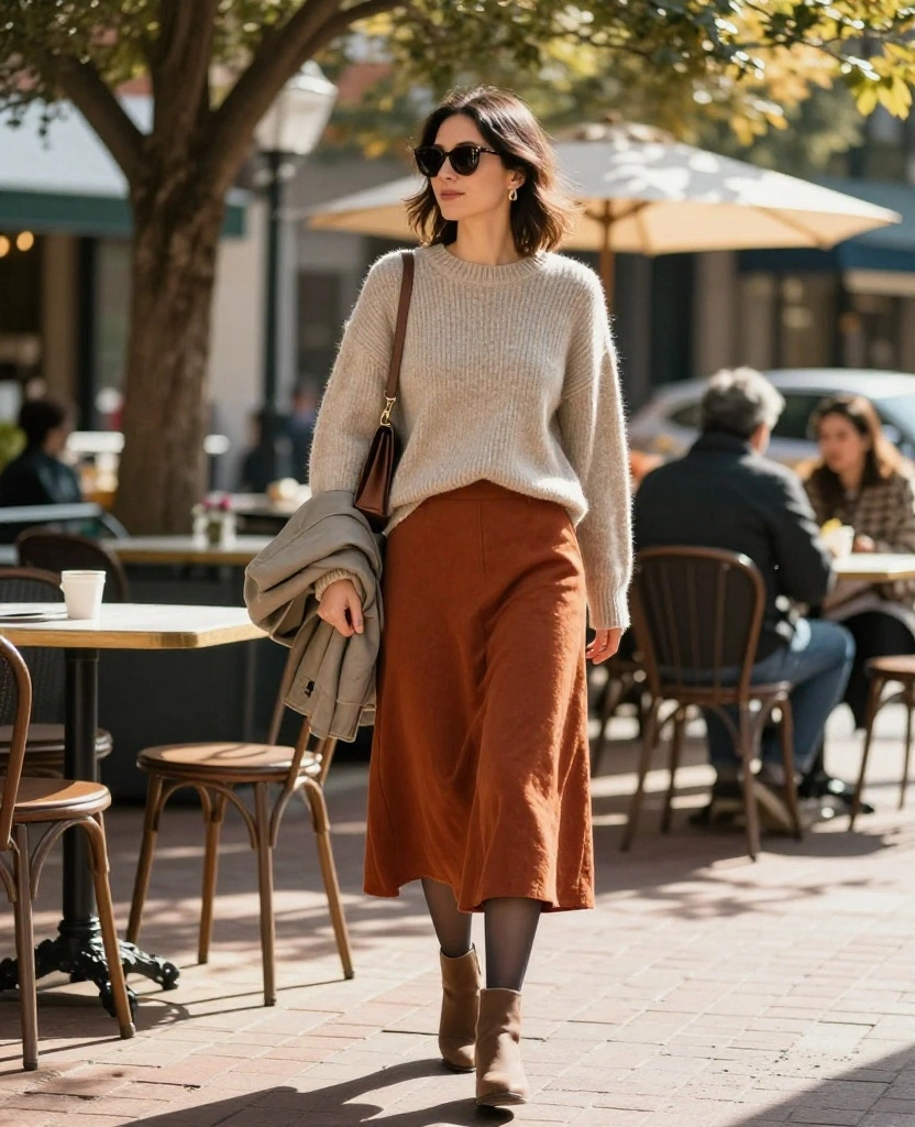 What to Wear in Austin in December: 14 Smart Layering Ideas for Chilly Mornings and Sunny Afternoons! 64 What to Wear in Austin in December What to Wear in Austin in December: 14 Smart Layering Ideas for Chilly Mornings and Sunny Afternoons! - 10. Add a Lightweight Sweater to a Midi Skirt 1