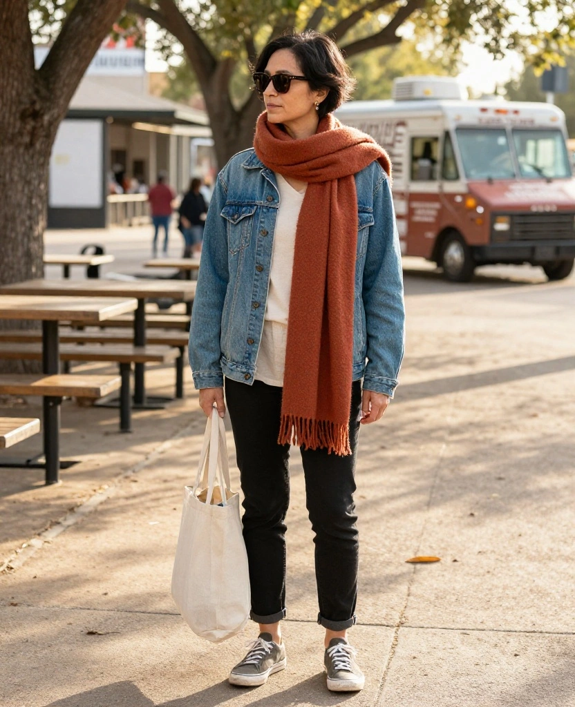 What to Wear in Austin in December: 14 Smart Layering Ideas for Chilly Mornings and Sunny Afternoons! 78 What to Wear in Austin in December What to Wear in Austin in December: 14 Smart Layering Ideas for Chilly Mornings and Sunny Afternoons! - 12. Let a Colorful Scarf Do the Styling Work 1