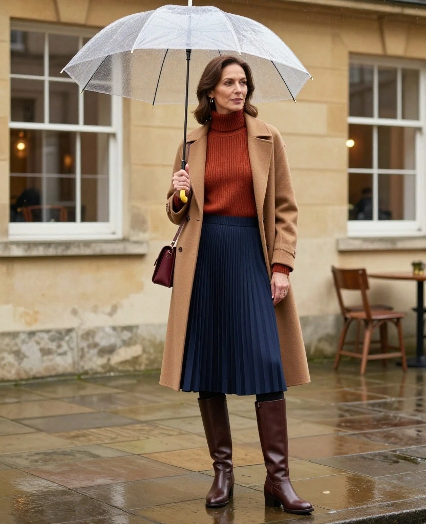 What to Wear in Bath in November: 15 Chic City Break Outfits That Beat the Rain (and Look Amazing in Photos!) 15 What to Wear in Bath in November What to Wear in Bath in November: 15 Chic City Break Outfits That Beat the Rain (and Look Amazing in Photos!) - 3. Fine Turtleneck, Pleated Midi Skirt, and Knee-High Boots 1