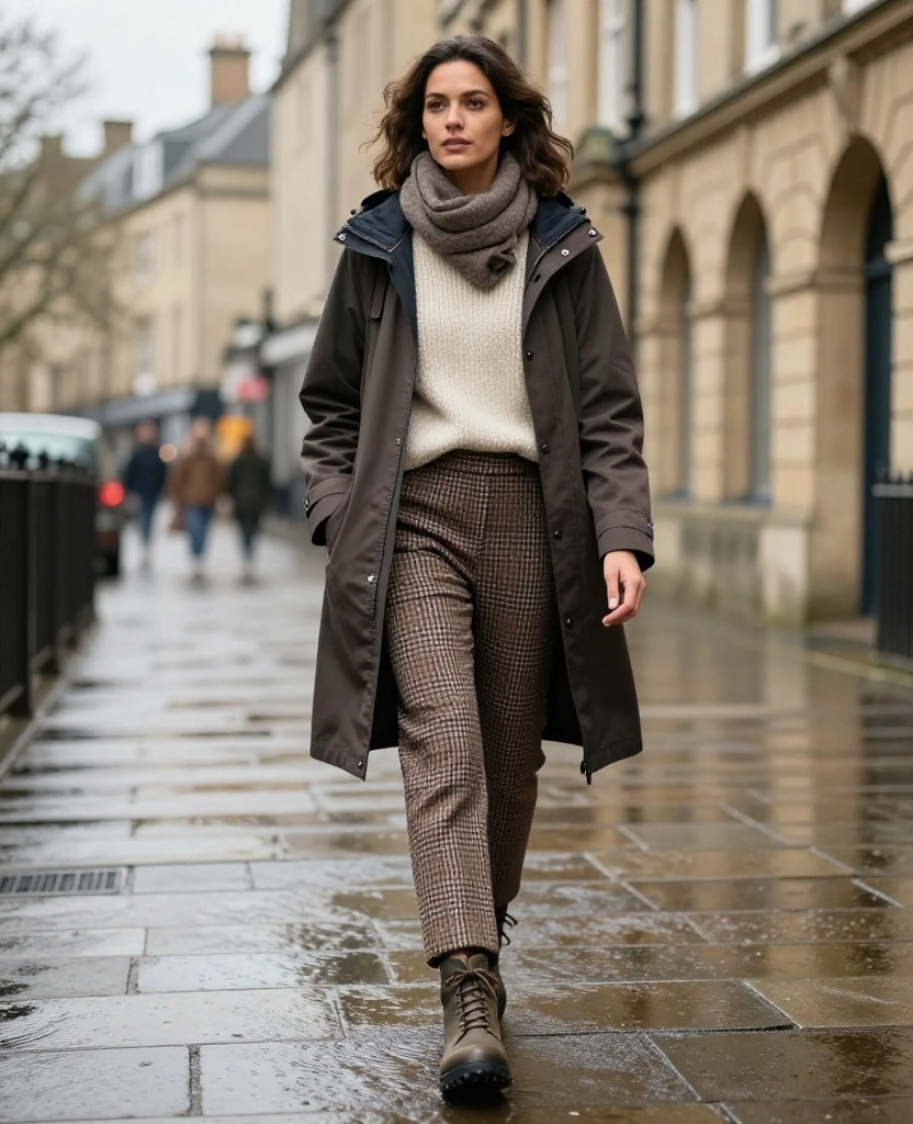 What to Wear in Cardiff in November: 15 Chic Rainy-Day Outfits That Keep You Cozy and Dry 66 What to Wear in Cardiff in November What to Wear in Cardiff in November: 15 Chic Rainy-Day Outfits That Keep You Cozy and Dry - 10. Heritage Checks with a Modern Technical Coat 1