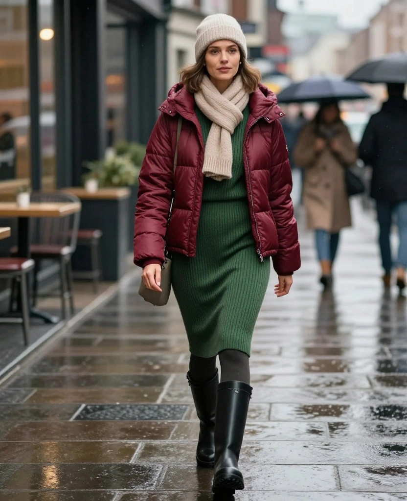 What to Wear in Cardiff in November: 15 Chic Rainy-Day Outfits That Keep You Cozy and Dry 8 What to Wear in Cardiff in November What to Wear in Cardiff in November: 15 Chic Rainy-Day Outfits That Keep You Cozy and Dry - 2. The Short Puffer, Knit Dress, and Tall Boots 1