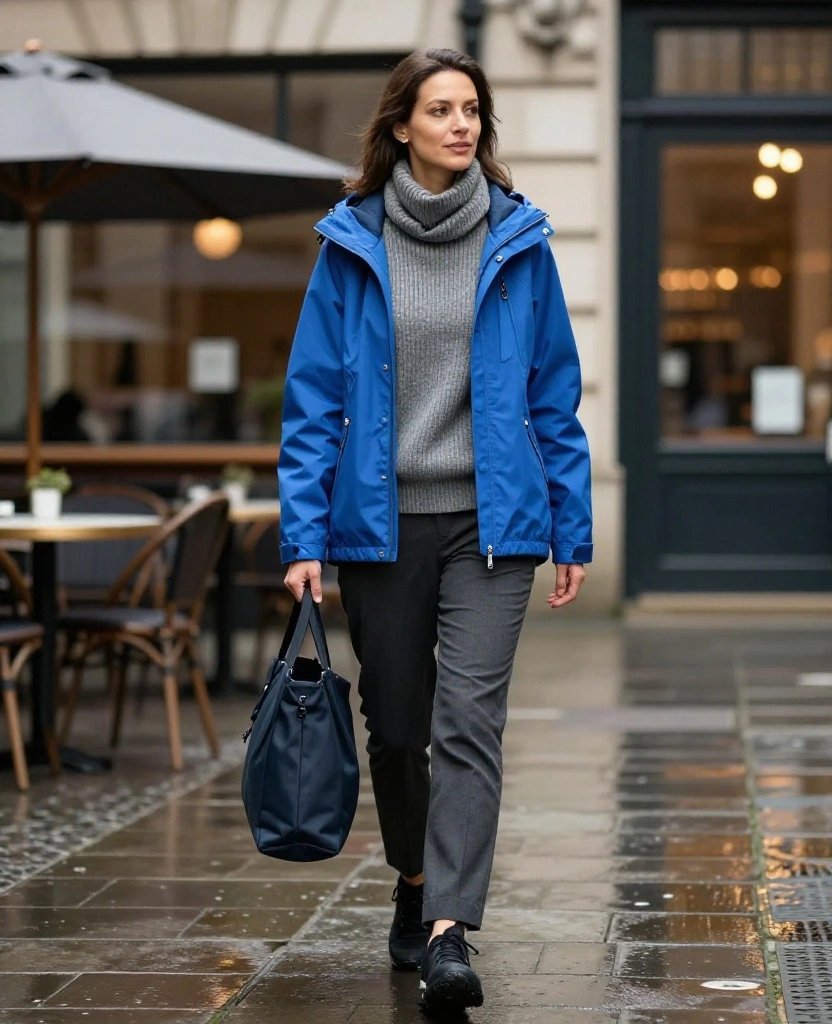 What to Wear in Cardiff in November: 15 Chic Rainy-Day Outfits That Keep You Cozy and Dry 22 What to Wear in Cardiff in November What to Wear in Cardiff in November: 15 Chic Rainy-Day Outfits That Keep You Cozy and Dry - 4. A Tonal Grey Outfit with a Bright Waterproof Shell 1