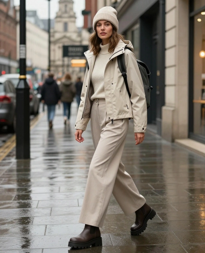 What to Wear in Cardiff in November: 15 Chic Rainy-Day Outfits That Keep You Cozy and Dry 36 What to Wear in Cardiff in November What to Wear in Cardiff in November: 15 Chic Rainy-Day Outfits That Keep You Cozy and Dry - 6. Wide-Leg Trousers with a Cropped Waterproof Jacket 1