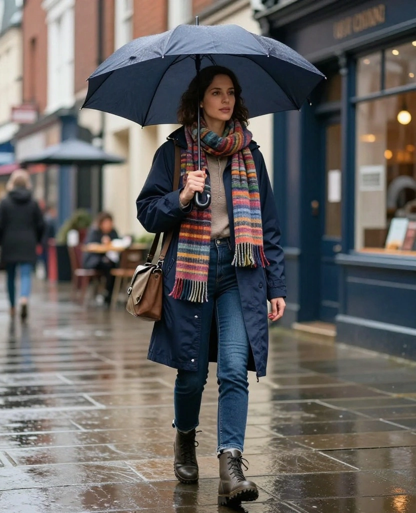What to Wear in Cardiff in November: 15 Chic Rainy-Day Outfits That Keep You Cozy and Dry 43 What to Wear in Cardiff in November What to Wear in Cardiff in November: 15 Chic Rainy-Day Outfits That Keep You Cozy and Dry - 7. Dark Denim, a Long Raincoat, and a Colorful Scarf 1
