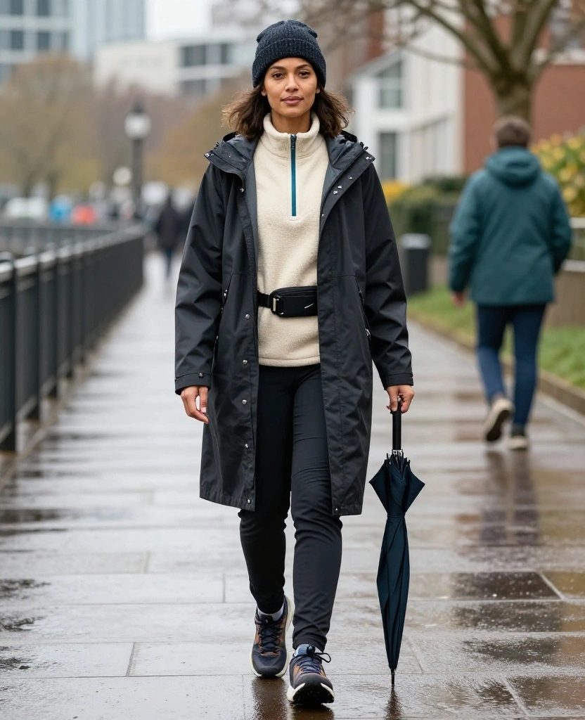 What to Wear in Cardiff in November: 15 Chic Rainy-Day Outfits That Keep You Cozy and Dry 52 What to Wear in Cardiff in November What to Wear in Cardiff in November: 15 Chic Rainy-Day Outfits That Keep You Cozy and Dry - 8. Sporty Layers with a Hooded Raincoat and Waterproof Trainers 1