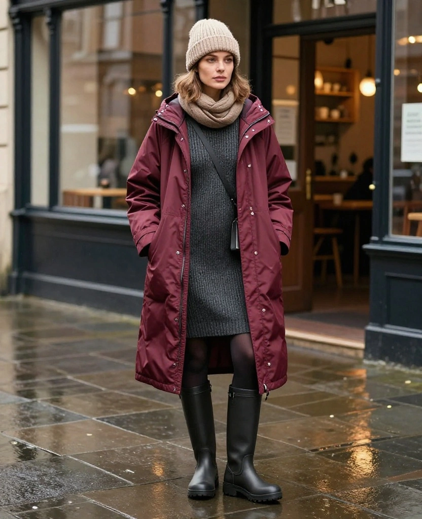 What to Wear in Cardiff in November: 15 Chic Rainy-Day Outfits That Keep You Cozy and Dry 59 What to Wear in Cardiff in November What to Wear in Cardiff in November: 15 Chic Rainy-Day Outfits That Keep You Cozy and Dry - 9. A Sweater Dress with a Packable Padded Coat 1