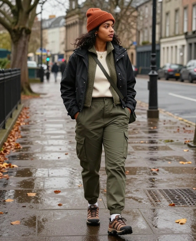What to Wear in Cork in November: 15 Stylish Outfit Ideas That Beat Rain, Wind, and Chilly Days 73 What to Wear in Cork in November What to Wear in Cork in November: 15 Stylish Outfit Ideas That Beat Rain, Wind, and Chilly Days - 11. Cropped Shell Jacket with Cargo Trousers 1