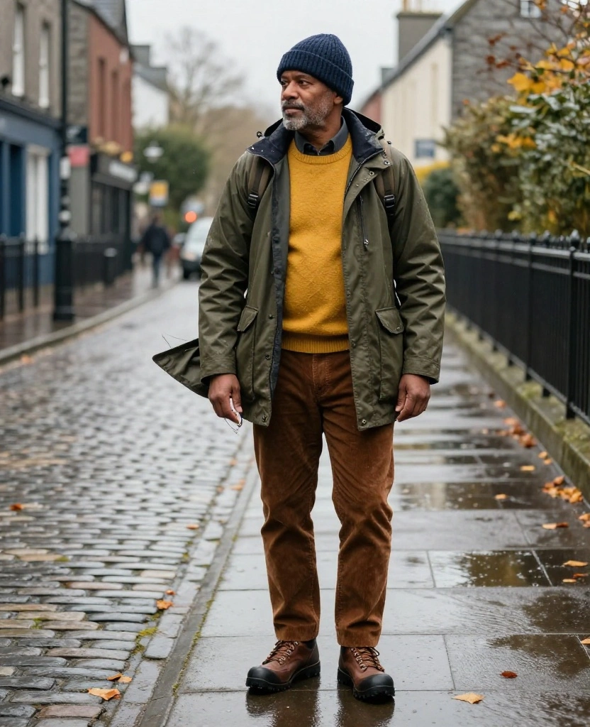 What to Wear in Cork in November: 15 Stylish Outfit Ideas That Beat Rain, Wind, and Chilly Days 8 What to Wear in Cork in November What to Wear in Cork in November: 15 Stylish Outfit Ideas That Beat Rain, Wind, and Chilly Days - 2. Waxed Jacket, Fisherman Sweater, and Sturdy Boots 1
