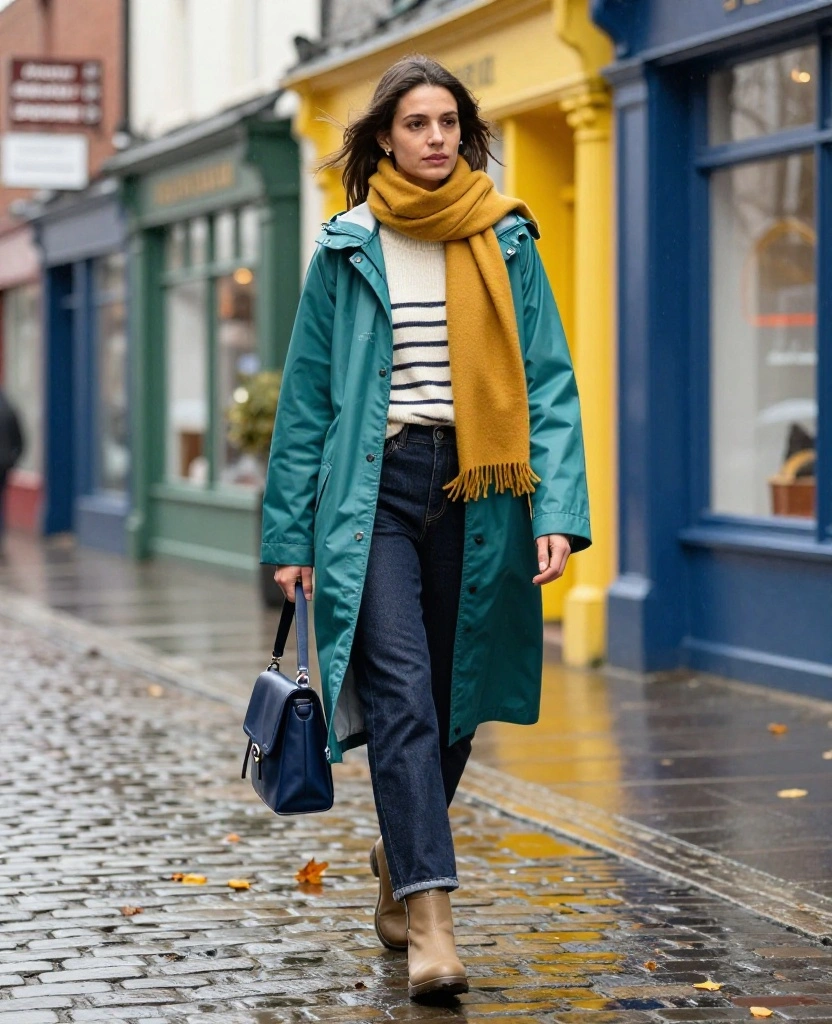What to Wear in Cork in November: 15 Stylish Outfit Ideas That Beat Rain, Wind, and Chilly Days 29 What to Wear in Cork in November What to Wear in Cork in November: 15 Stylish Outfit Ideas That Beat Rain, Wind, and Chilly Days - 5. Bright Raincoat, Dark Denim, and a Colorful Scarf 1