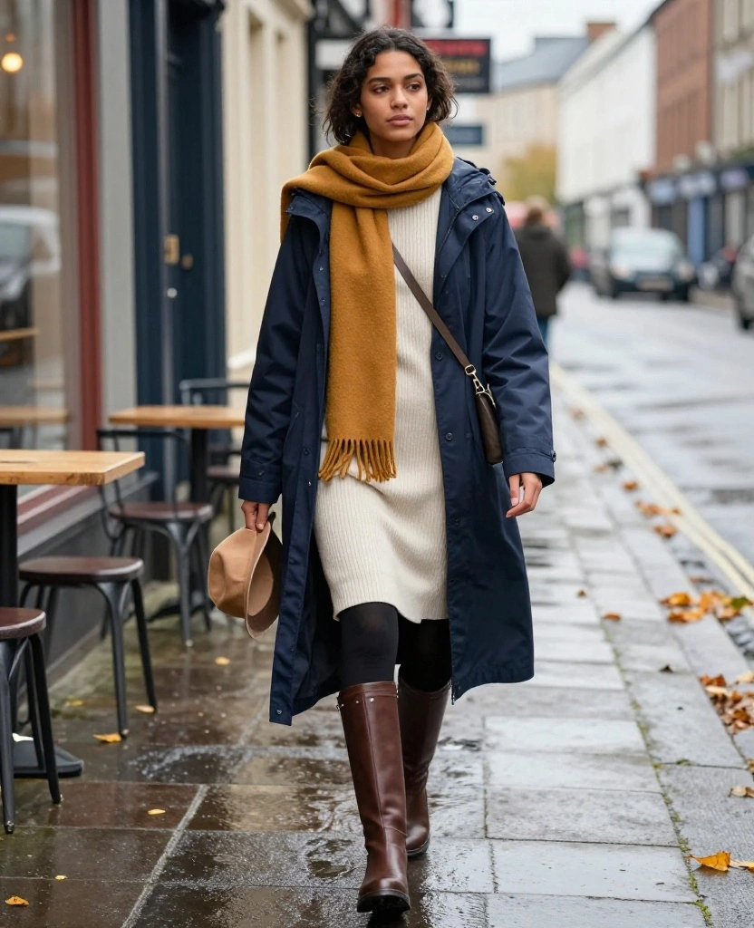 What to Wear in Cork in November: 15 Stylish Outfit Ideas That Beat Rain, Wind, and Chilly Days 43 What to Wear in Cork in November What to Wear in Cork in November: 15 Stylish Outfit Ideas That Beat Rain, Wind, and Chilly Days - 7. Cozy Sweater Dress with Fleece-Lined Tights 1