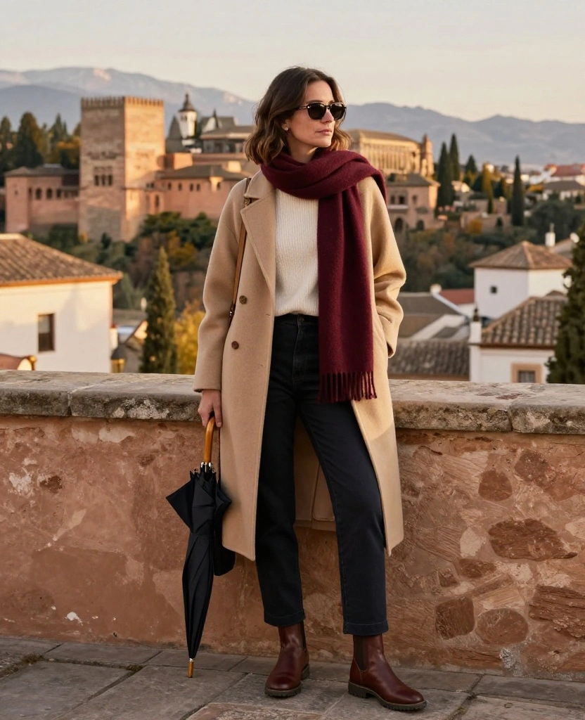 What to Wear in Granada in November: 15 Stylish Outfit Ideas That Beat the Chilly Mornings and Warm Afternoons! 83 What to Wear in Granada in November What to Wear in Granada in November: 15 Stylish Outfit Ideas That Beat the Chilly Mornings and Warm Afternoons! - 13. A Sunset Viewpoint Outfit with a Light Wool Coat 1