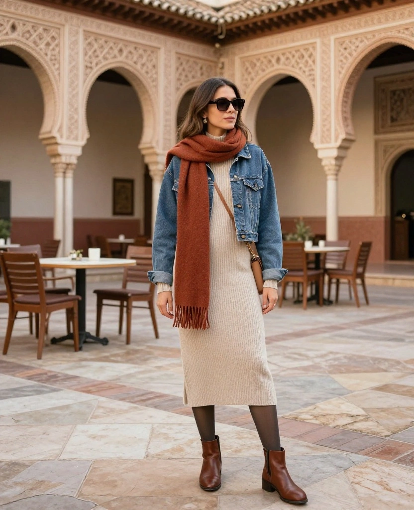 What to Wear in Granada in November: 15 Stylish Outfit Ideas That Beat the Chilly Mornings and Warm Afternoons! 8 What to Wear in Granada in November What to Wear in Granada in November: 15 Stylish Outfit Ideas That Beat the Chilly Mornings and Warm Afternoons! - 2. A Soft Knit Dress with Tights and Ankle Boots 1