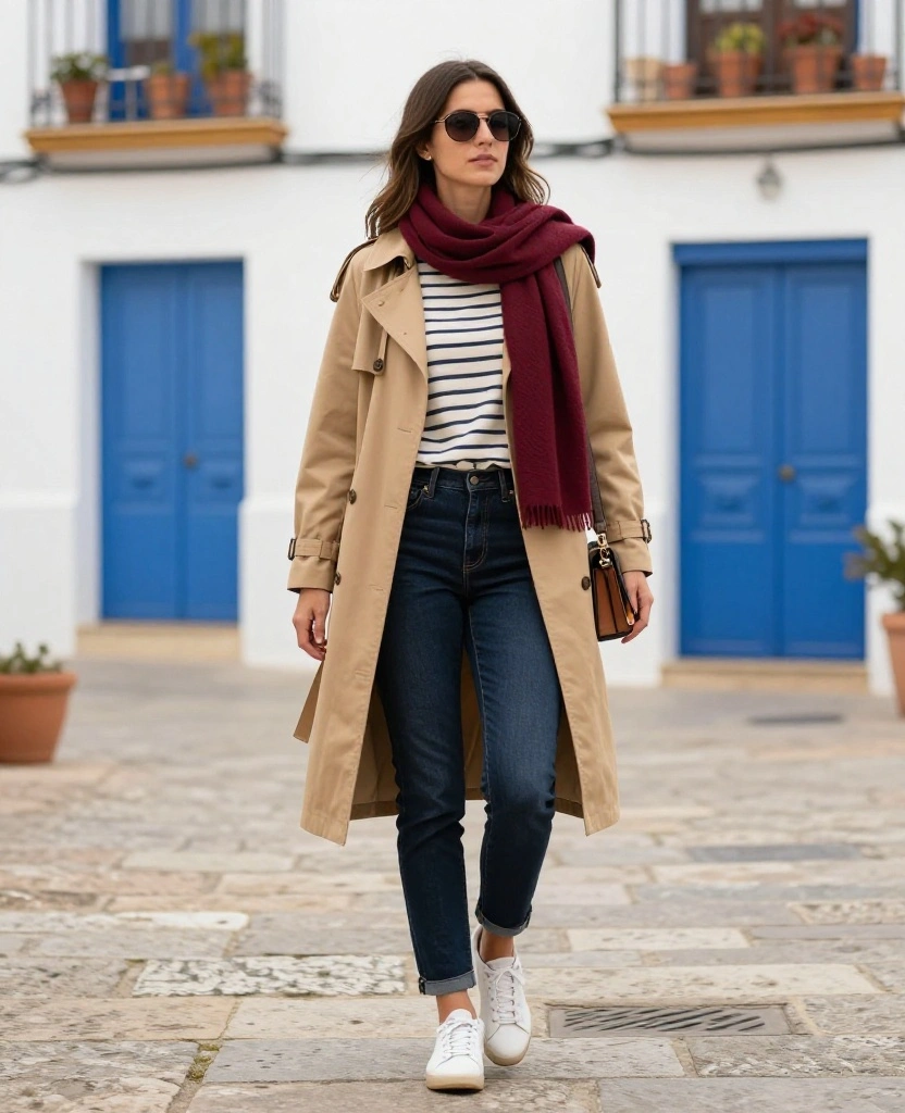 What to Wear in Granada in November: 15 Stylish Outfit Ideas That Beat the Chilly Mornings and Warm Afternoons! 15 What to Wear in Granada in November What to Wear in Granada in November: 15 Stylish Outfit Ideas That Beat the Chilly Mornings and Warm Afternoons! - 3. Dark Denim, a Breton Top, and a Lightweight Trench 1