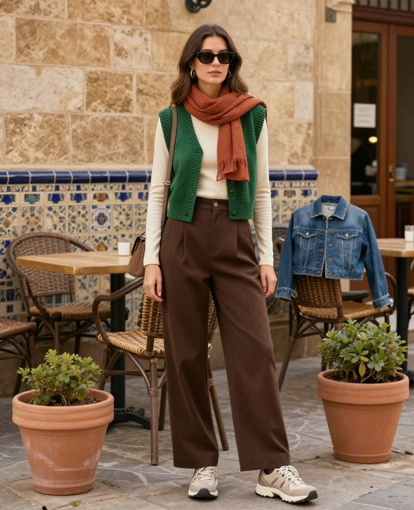 What to Wear in Granada in November: 15 Stylish Outfit Ideas That Beat the Chilly Mornings and Warm Afternoons! 34 What to Wear in Granada in November What to Wear in Granada in November: 15 Stylish Outfit Ideas That Beat the Chilly Mornings and Warm Afternoons! - 6. Wide-Leg Trousers with a Fine Knit Vest 1