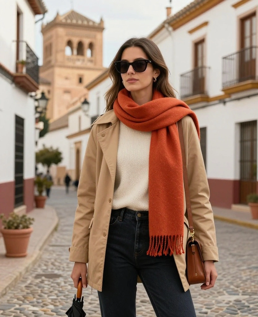 What to Wear in Granada in November: 15 Stylish Outfit Ideas That Beat the Chilly Mornings and Warm Afternoons! 57 What to Wear in Granada in November What to Wear in Granada in November: 15 Stylish Outfit Ideas That Beat the Chilly Mornings and Warm Afternoons! - 9. Let a Statement Scarf Do the Styling Work 1