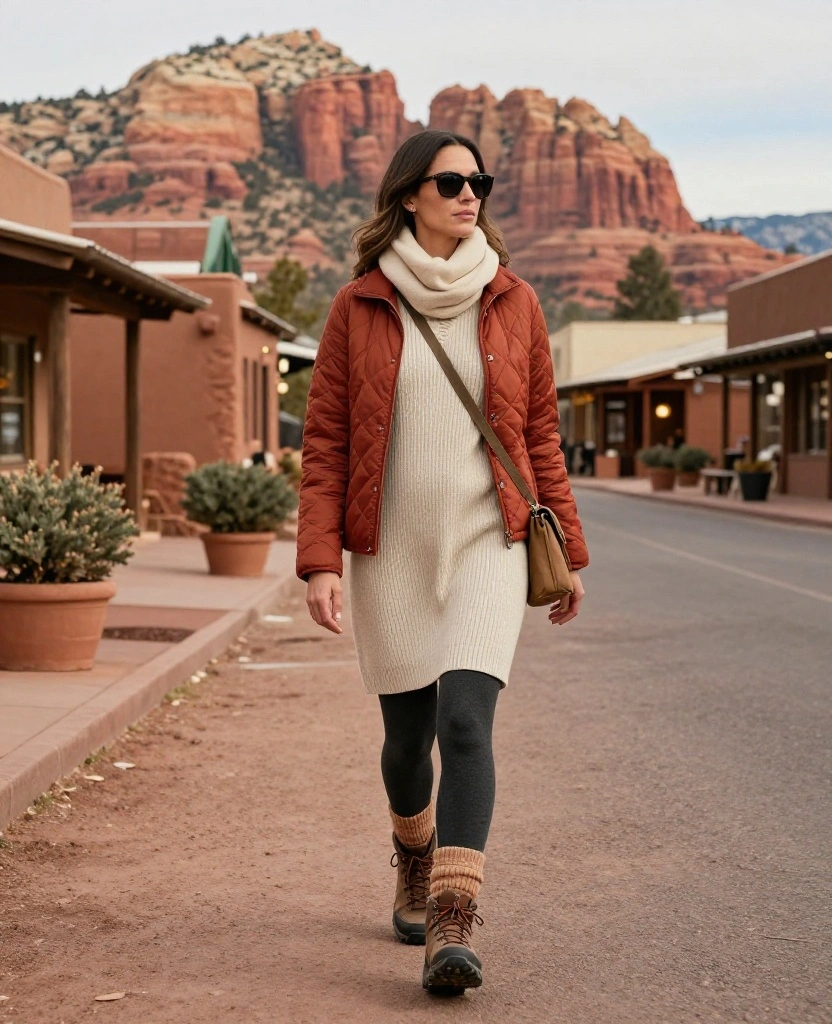 What to Wear in Sedona in December: 15 Must-Pack Winter Outfits for Red-Rock Adventures 66 What to Wear in Sedona in December What to Wear in Sedona in December: 15 Must-Pack Winter Outfits for Red-Rock Adventures - 10. The Sweater Dress with Thermal Tights and Hiking Boots 1