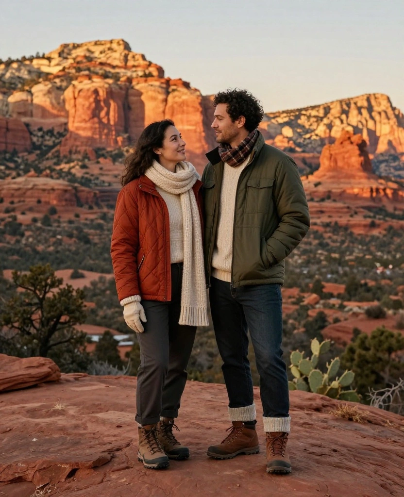 What to Wear in Sedona in December: 15 Must-Pack Winter Outfits for Red-Rock Adventures 73 What to Wear in Sedona in December What to Wear in Sedona in December: 15 Must-Pack Winter Outfits for Red-Rock Adventures - 11. The Sunset Outfit with a Quilted Jacket and Scarf 1