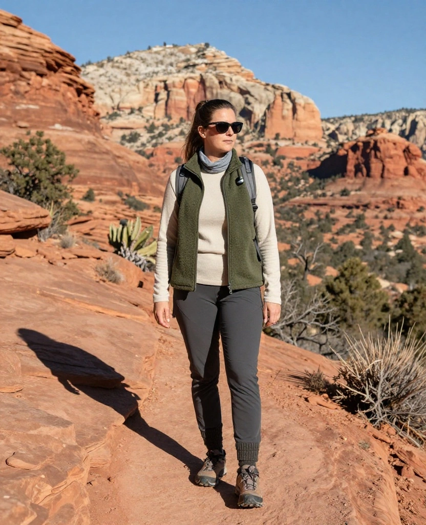 What to Wear in Sedona in December: 15 Must-Pack Winter Outfits for Red-Rock Adventures 15 What to Wear in Sedona in December What to Wear in Sedona in December: 15 Must-Pack Winter Outfits for Red-Rock Adventures - 3. The Fleece Vest Layer for Sunny Afternoon Hikes 1