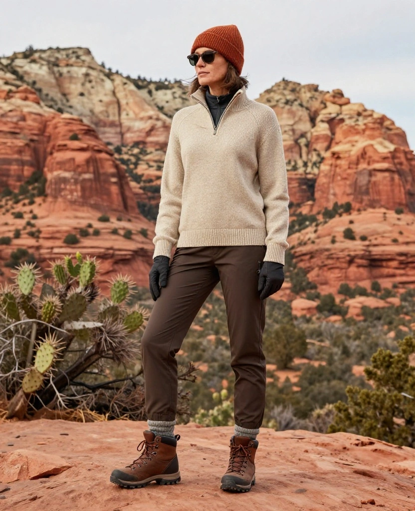 What to Wear in Sedona in December: 15 Must-Pack Winter Outfits for Red-Rock Adventures 22 What to Wear in Sedona in December What to Wear in Sedona in December: 15 Must-Pack Winter Outfits for Red-Rock Adventures - 4. The Merino Sweater and Softshell Pant Trail Outfit 1