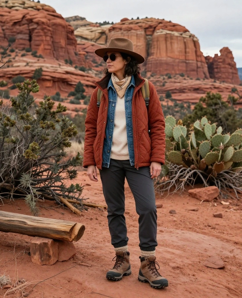 What to Wear in Sedona in December: 15 Must-Pack Winter Outfits for Red-Rock Adventures 29 What to Wear in Sedona in December What to Wear in Sedona in December: 15 Must-Pack Winter Outfits for Red-Rock Adventures - 5. The Southwestern Layers with a Wool Hat and Bandana 1
