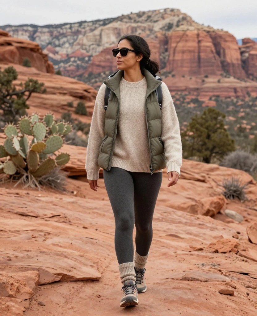 What to Wear in Sedona in December: 15 Must-Pack Winter Outfits for Red-Rock Adventures 43 What to Wear in Sedona in December What to Wear in Sedona in December: 15 Must-Pack Winter Outfits for Red-Rock Adventures - 7. The Leggings, Long Sweater, and Packable Shell Look 1