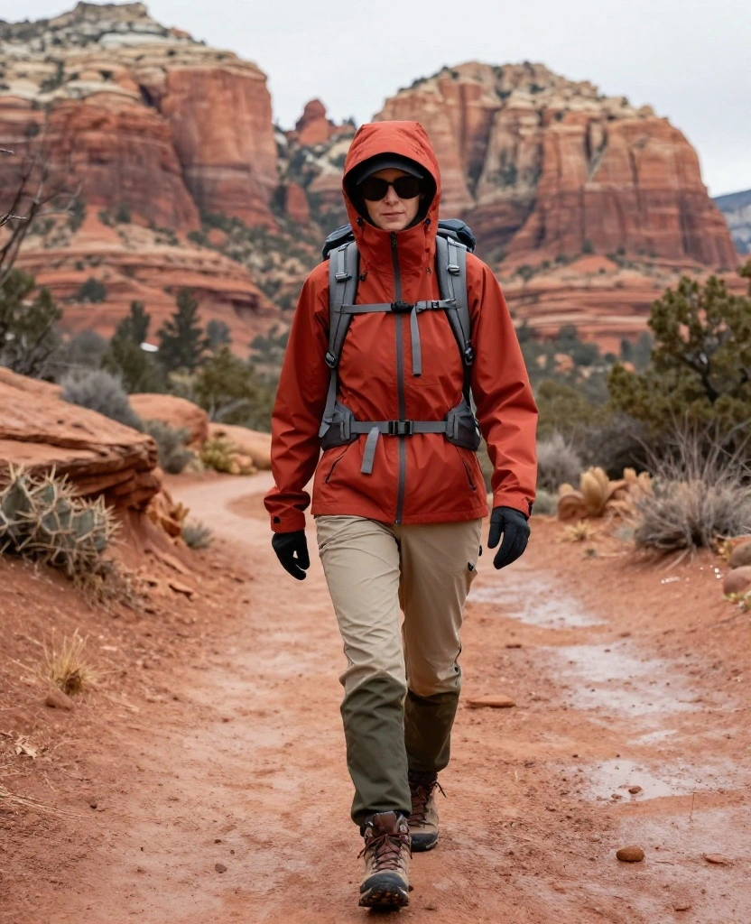 What to Wear in Sedona in December: 15 Must-Pack Winter Outfits for Red-Rock Adventures 59 What to Wear in Sedona in December What to Wear in Sedona in December: 15 Must-Pack Winter Outfits for Red-Rock Adventures - 9. The Rain-Shell Outfit for Windy or Wet Forecasts 1