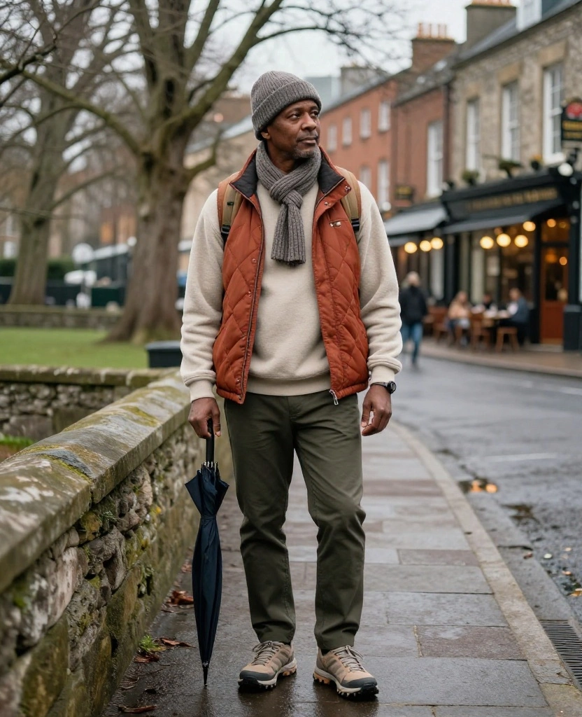 12 Comfortable Dublin Sightseeing Outfits for Exploring All Day (Your Feet Will Thank You for #6!) 15 What to Wear in Dublin in December 12 Comfortable Dublin Sightseeing Outfits for Exploring All Day (Your Feet Will Thank You for #6!) - 3. The Quilted Vest, Fleece, and Stretch-Trouser Combo 1