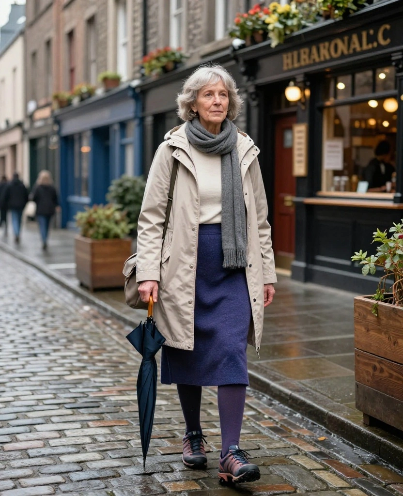 12 Comfortable Dublin Sightseeing Outfits for Exploring All Day (Your Feet Will Thank You for #6!) 29 What to Wear in Dublin in December 12 Comfortable Dublin Sightseeing Outfits for Exploring All Day (Your Feet Will Thank You for #6!) - 5. The Warm Skirt, Fleece-Tight, and Waterproof Shoe Outfit 1