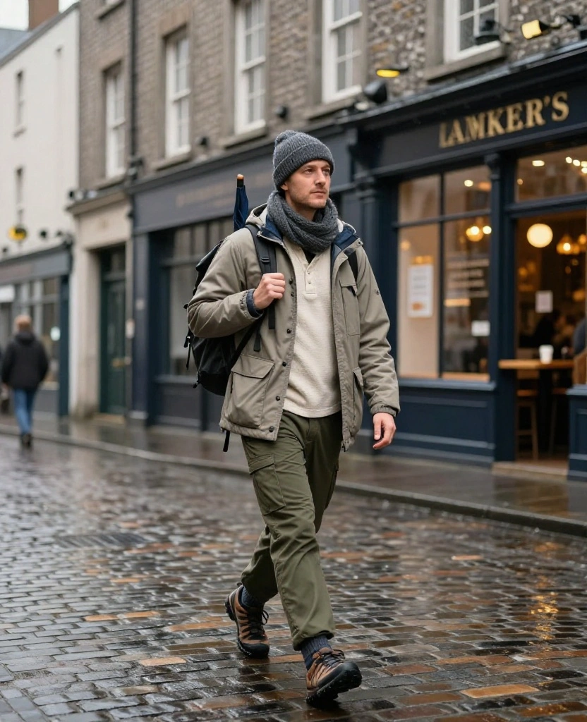 12 Comfortable Dublin Sightseeing Outfits for Exploring All Day (Your Feet Will Thank You for #6!) 59 What to Wear in Dublin in December 12 Comfortable Dublin Sightseeing Outfits for Exploring All Day (Your Feet Will Thank You for #6!) - 9. The Relaxed Utility Trousers and Hooded Knit Outfit 1