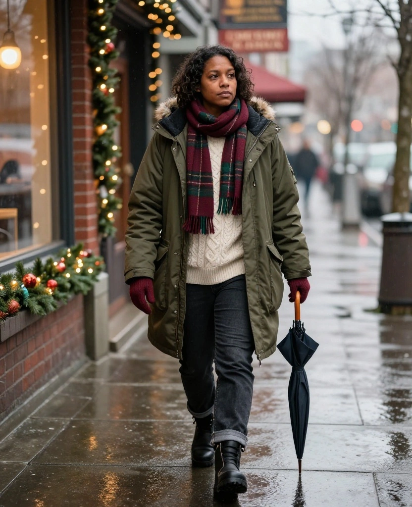 12 Vancouver Christmas Outfits That Feel Festive, Warm, and Totally Instagram-Worthy 1 What to Wear in Vancouver in December 12 Vancouver Christmas Outfits That Feel Festive, Warm, and Totally Instagram-Worthy - 1. The Waterproof Tartan-Scarf Classic 1