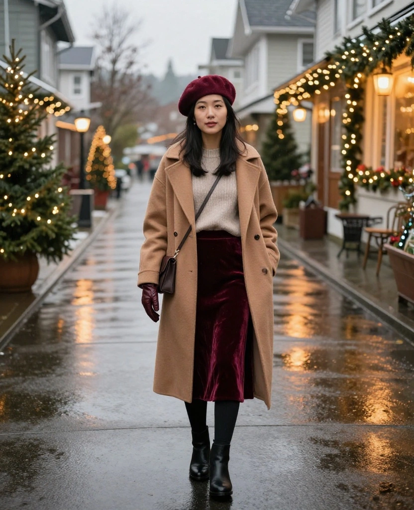 12 Vancouver Christmas Outfits That Feel Festive, Warm, and Totally Instagram-Worthy 15 What to Wear in Vancouver in December 12 Vancouver Christmas Outfits That Feel Festive, Warm, and Totally Instagram-Worthy - 3. Velvet Skirt, Thermal Tights, and a Soft Knit 1